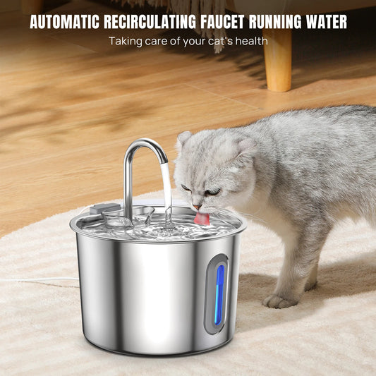 Drinking Fountain for Cats, 2 Filter Elements, 2.2 Litre Stainless Steel Drinking Fountain for Kittens for Indoor Use, with LED